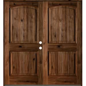 60 in. x 80 in. Rustic Knotty Alder Arch Top Provincial Stain/V-Groove Left-Hand Wood Double Prehung Front Door