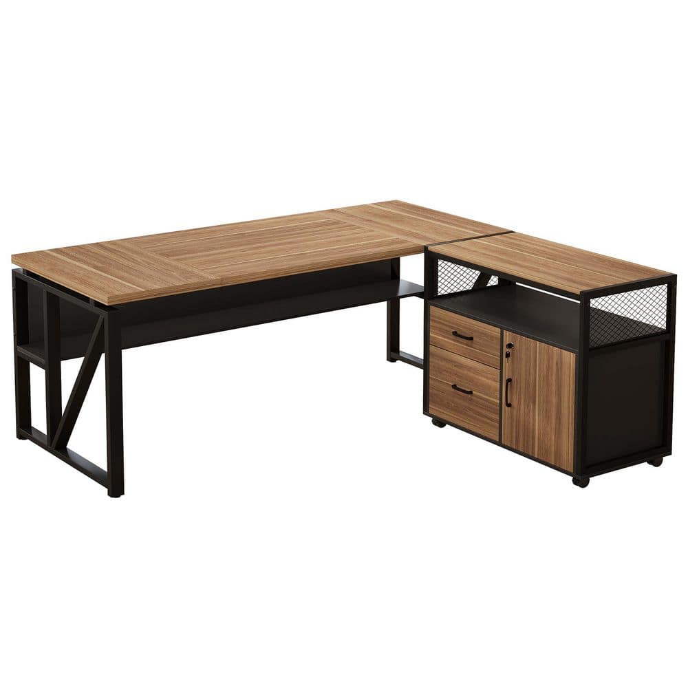 63 in. L-Shaped Light Walnut and Black Executive Desk with File Cabinet and Drawers, Reversible Office Desk with Shelves