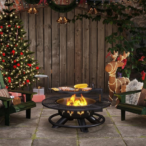 47 in. Wood Burning Fire Pit Outdoor Backyard Patio Fire Pit with Cooking Grill Grate, Deer Head Style