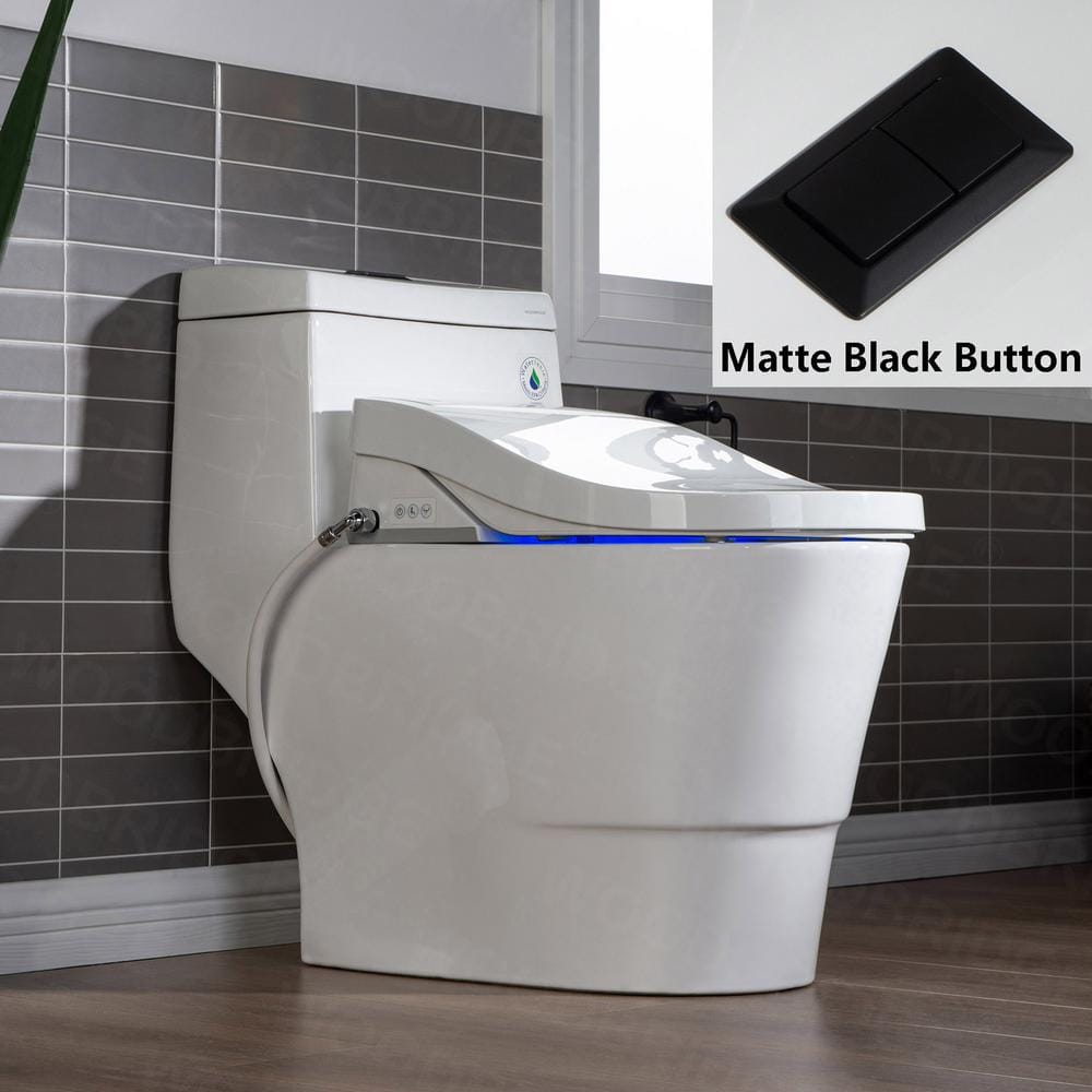 WOODBRIDGE One Piece 1.0GPF/1.6 GPF Dual Flush Elongated Toilet in White with White Advance Smart Bidet Seat, White with Matte Black Button -  HT0066