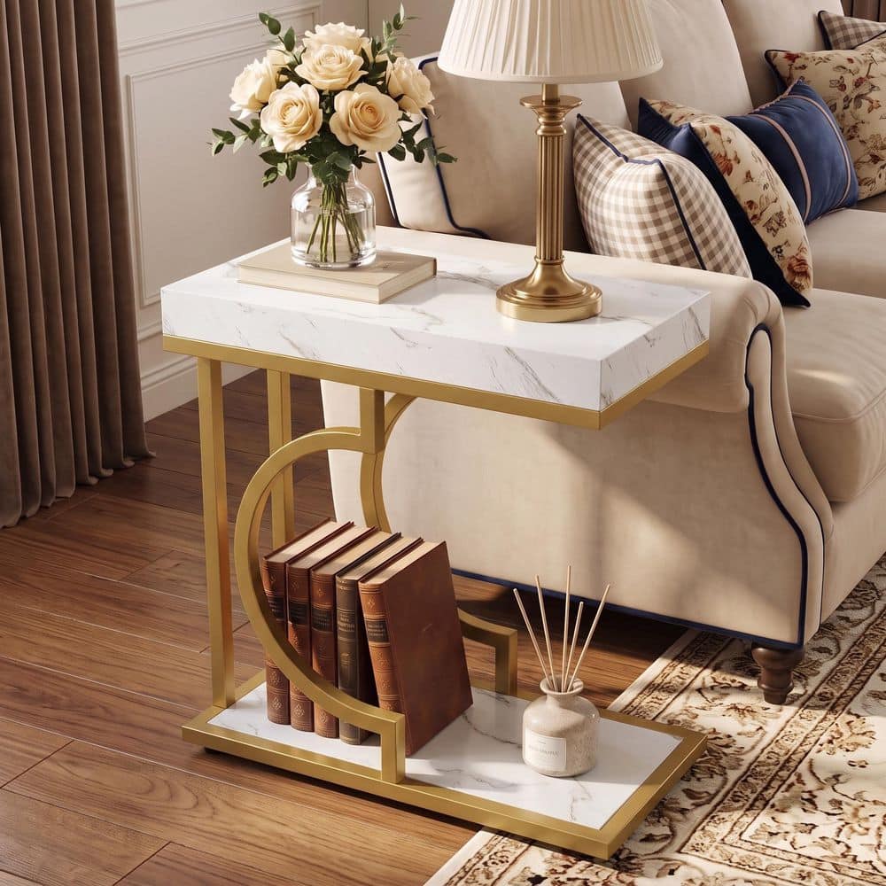 Kerlin 23.62 in. White Rectangle Wood End Table with Metal Frame,Sofa Table Bedside Table for Living Room Bedroom