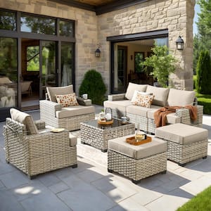 Kelley's 8-Piece Wicker Modern Outdoor Patio Conversation Sofa Seating Set with a LED Table and Beige Cushions