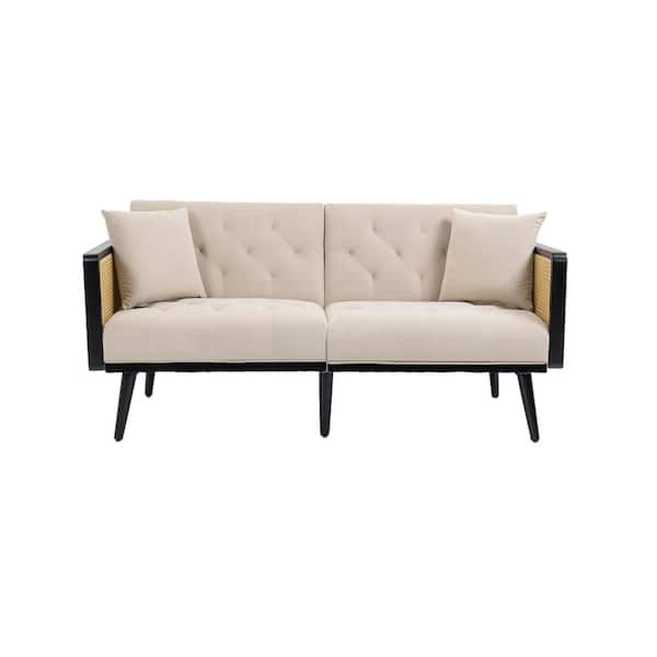 HOMEFUN 61 in. Modern Beige Velvet Upholstered Sofa Bed