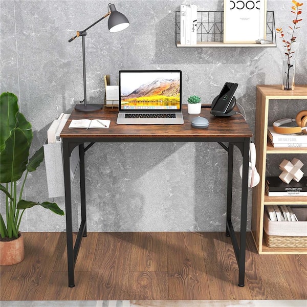 32 in. Rectangular Brown Wood Desk with Charging Station Storage Bag and Headphone Hook