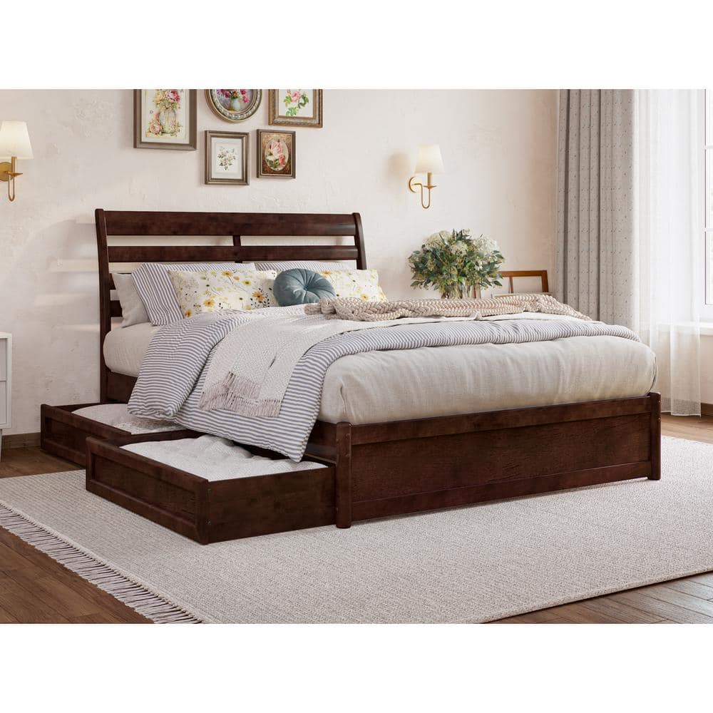 Emelie Full Walnut Wood Platform Bed with Storage Drawers
