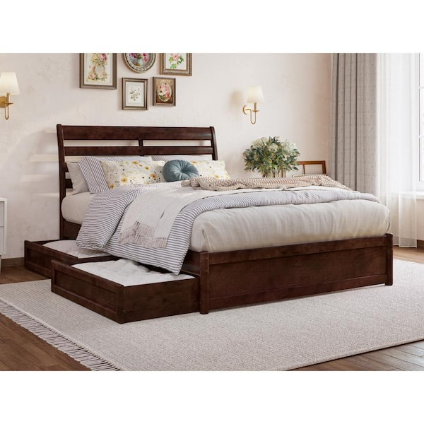 AFI Emelie Walnut Brown Solid Wood Frame Full Platform Bed with Panel Footboard and Storage Drawers