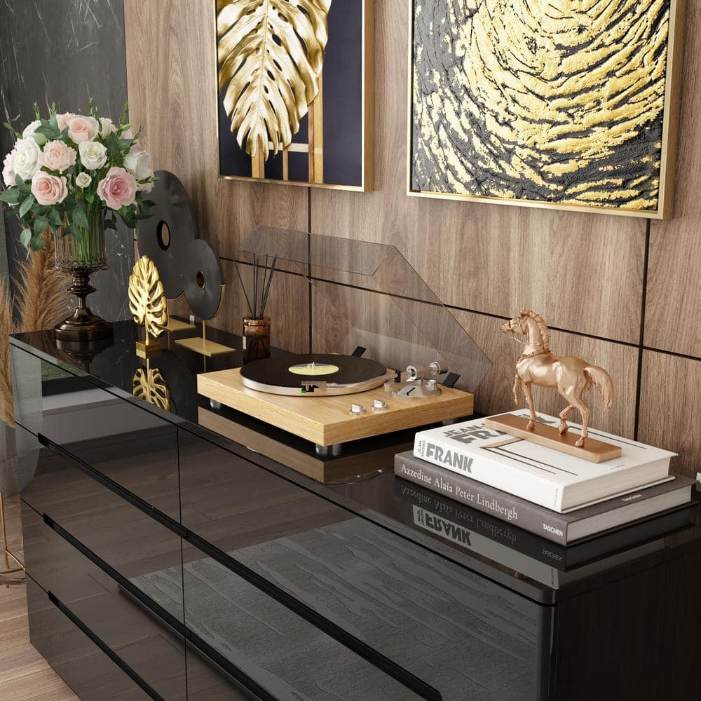 Black High Gloss 63" Double Dresser with LED Lights