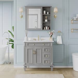 34 in. W x 30 in. H Medium Rectangular Titanium Gray Wood Surface Mount Soft Close Bathroom Medicine Cabinet with Mirror