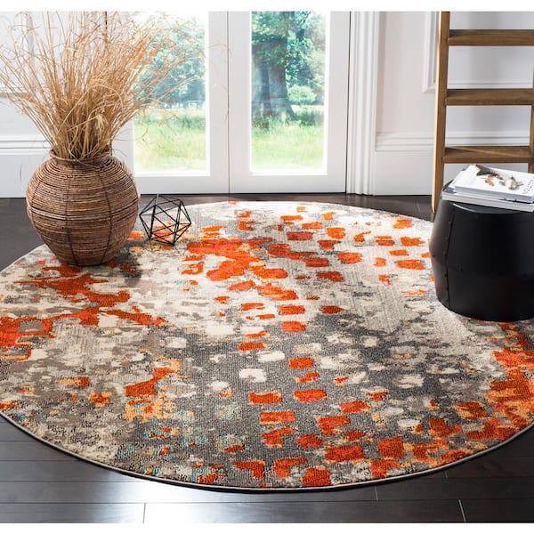Monaco Gray/Orange 5 ft. x 5 ft. Round Geometric Area Rug