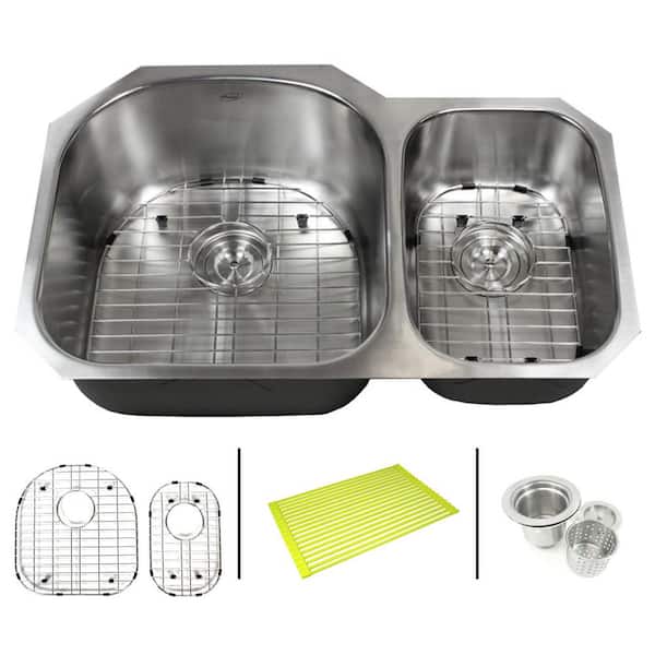 eModernDecor Undermount 16-Gauge Stainless Steel 31-1/2 in. x 20-1/2 in. x 9 in. 70/30 Offset Double Bowl Kitchen Sink Combo
