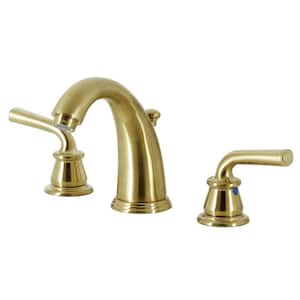 Restoration 8 in. Widespread 2-Handle Bathroom Faucets with Plastic Pop-Up in Brushed Brass