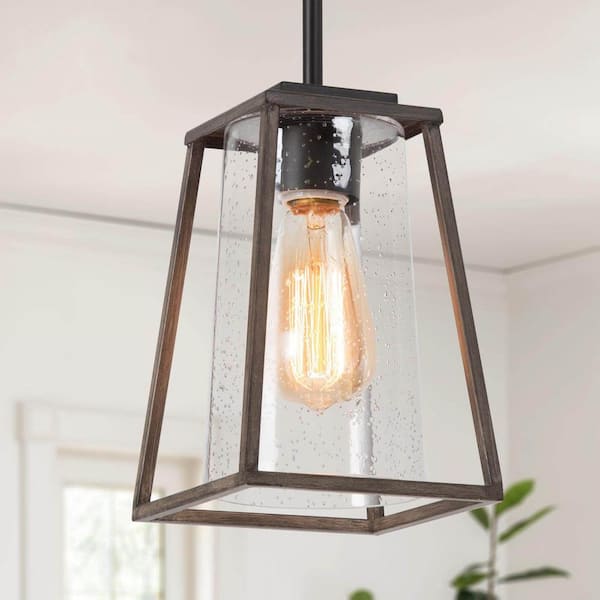 LNC Modern Farmhouse Black Brown Pendant Light 1-Light Kitchen Island Hanging Light with Seeded Glass and Faux Wood Accents