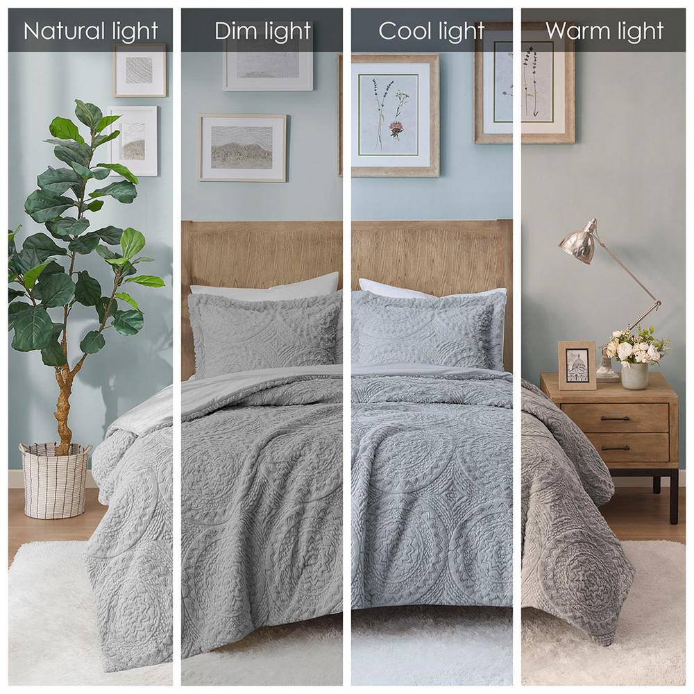 Gray King Faux Fur Reversible Bedspread Set