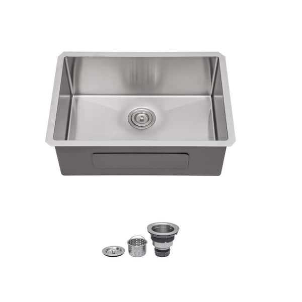 26 in. Undermount Single Bowl 16 Gauge Brushed Nickel Stainless Steel Kitchen Sink Basin with Drain Assembly