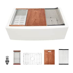 33 in. Farmhouse/Apron-Front Single Bowl White Ceramic Workstation Kitchen Sink with Strainer and Cutting Board