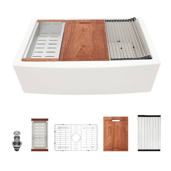 Zeus & Ruta 33 in. Farmhouse/Apron-Front Single Bowl White Ceramic Workstation Kitchen Sink with Strainer and Cutting Board