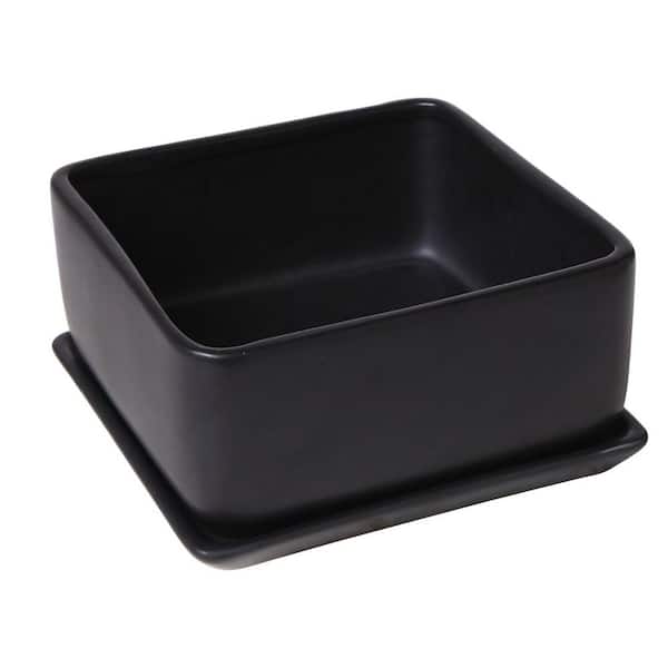 Samll Black Ceramic Indoor/Outdoor Planter with Saucer (7 in. W x 3.5 in. H)