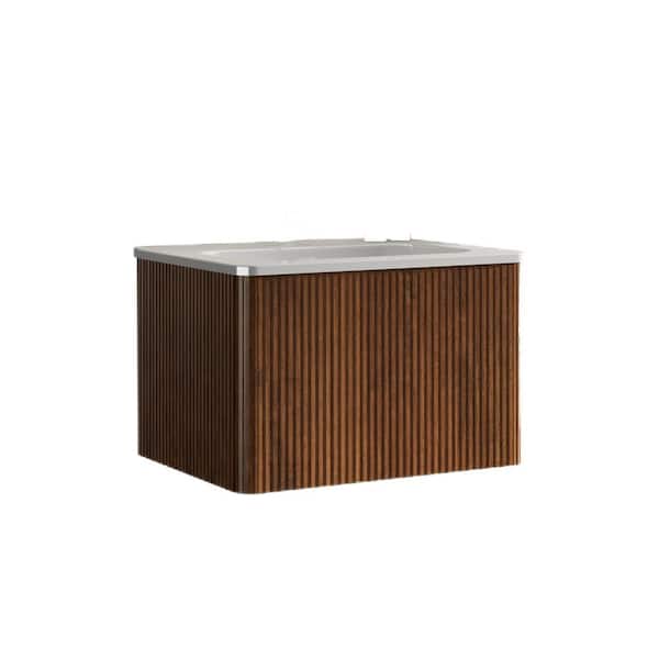 24 in. W Single Sink Wall Mounted Walnut Bath Vanity with White Ceramic Top Unassembled