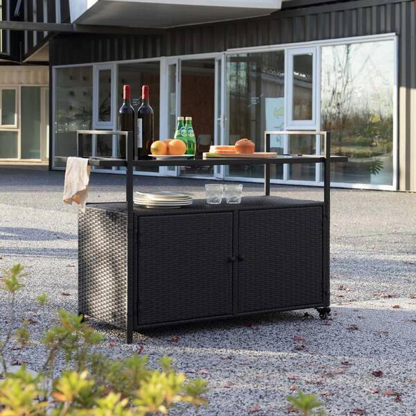 Outsunny Rattan Outdoor Storage Cabinet, Wicker Bar Table With Acacia