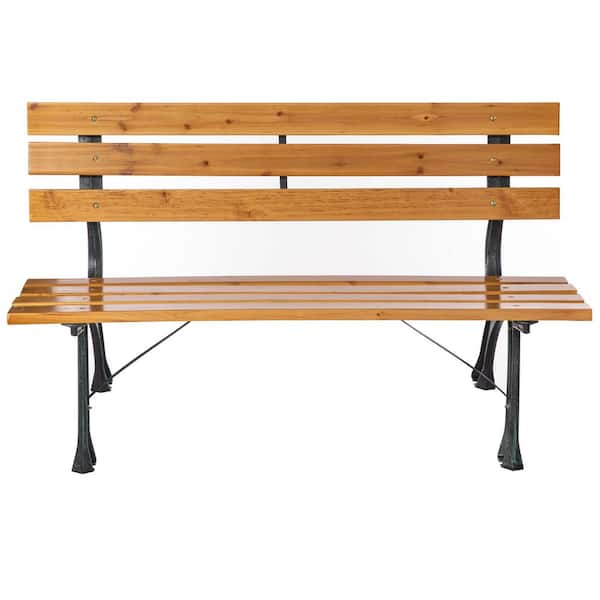 Gardenised Park 2-Person Natural Wood Outdoor Bench-Wooden Slat Seat and Backrest, Iron Frame, Durable Patio Seating