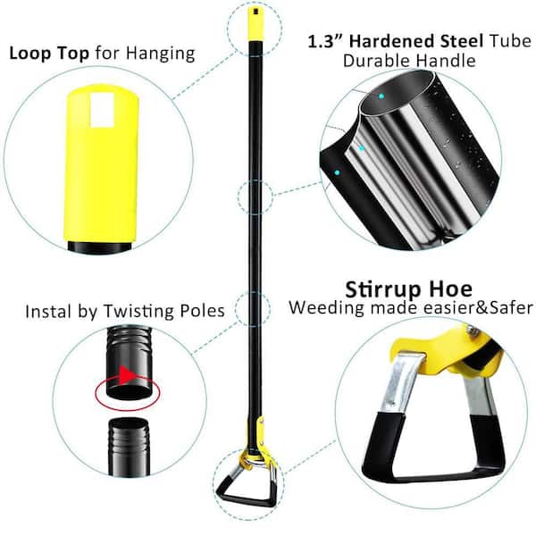 Suchtale 82 Inch Stirrup Hoe And 5-Tines Rake, Action Hoe For Weeding, 2 In 1 Scuffle Hoe With 37-82"Adjustable Handle, Hula Hoe Cultivator For Loosening Soil, Loop Hoe For Garden