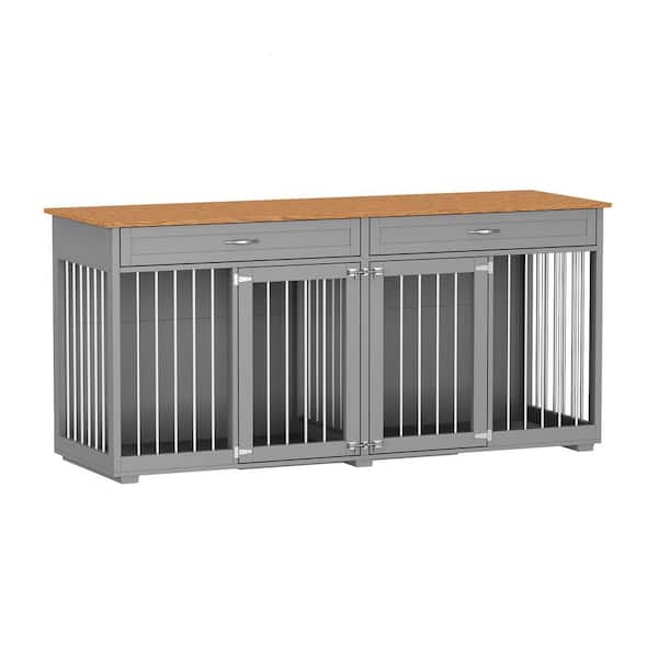 FUFU&GAGA Modern Large Dog Kennel Furniture with 2 Drawers, Indestructible Dog Pens with Removable Irons for Dogs Gray and Brown