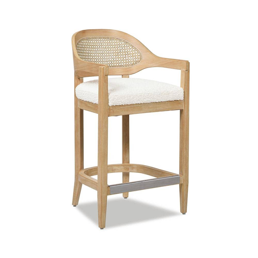 Ivory White Bouclé 26" Cane Back Counter Stool with Oak Frame