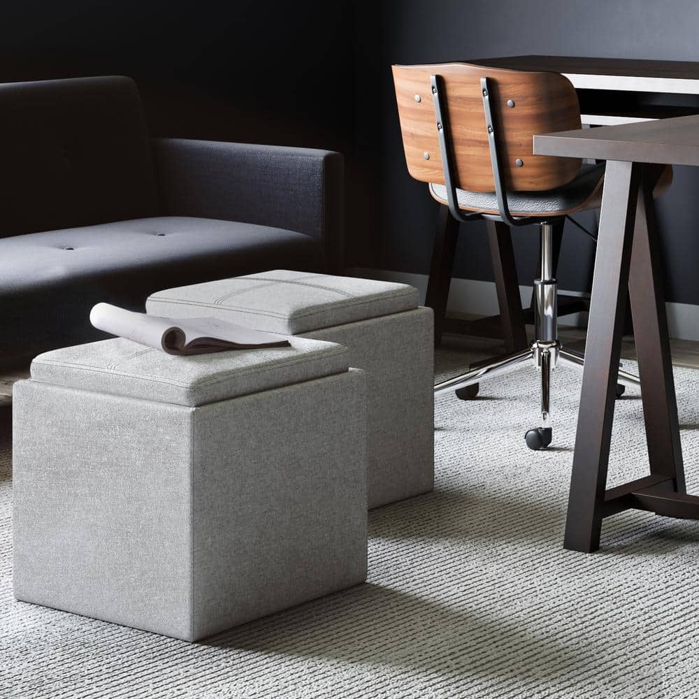 Cloud Gray Linen Storage Ottoman with Tray
