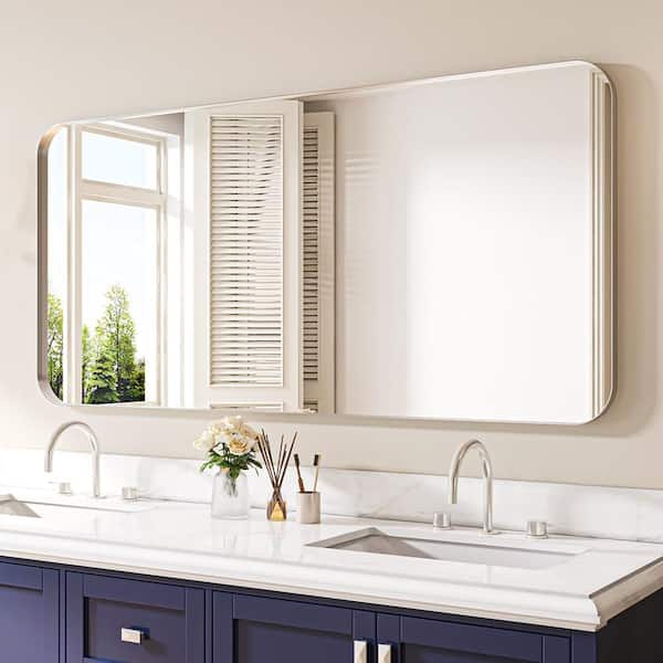 60 in. W x 28 in. H Rectangular Aluminum Framed Wall Bathroom Vanity Mirror in Silver