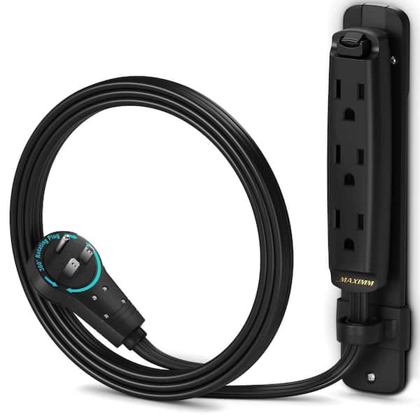 MAXIMM 3 ft. 16/3 Light Duty Indoor Extension Cord 360° Rotating Flat Plug 1-Sided with Loop and Bracket, Black