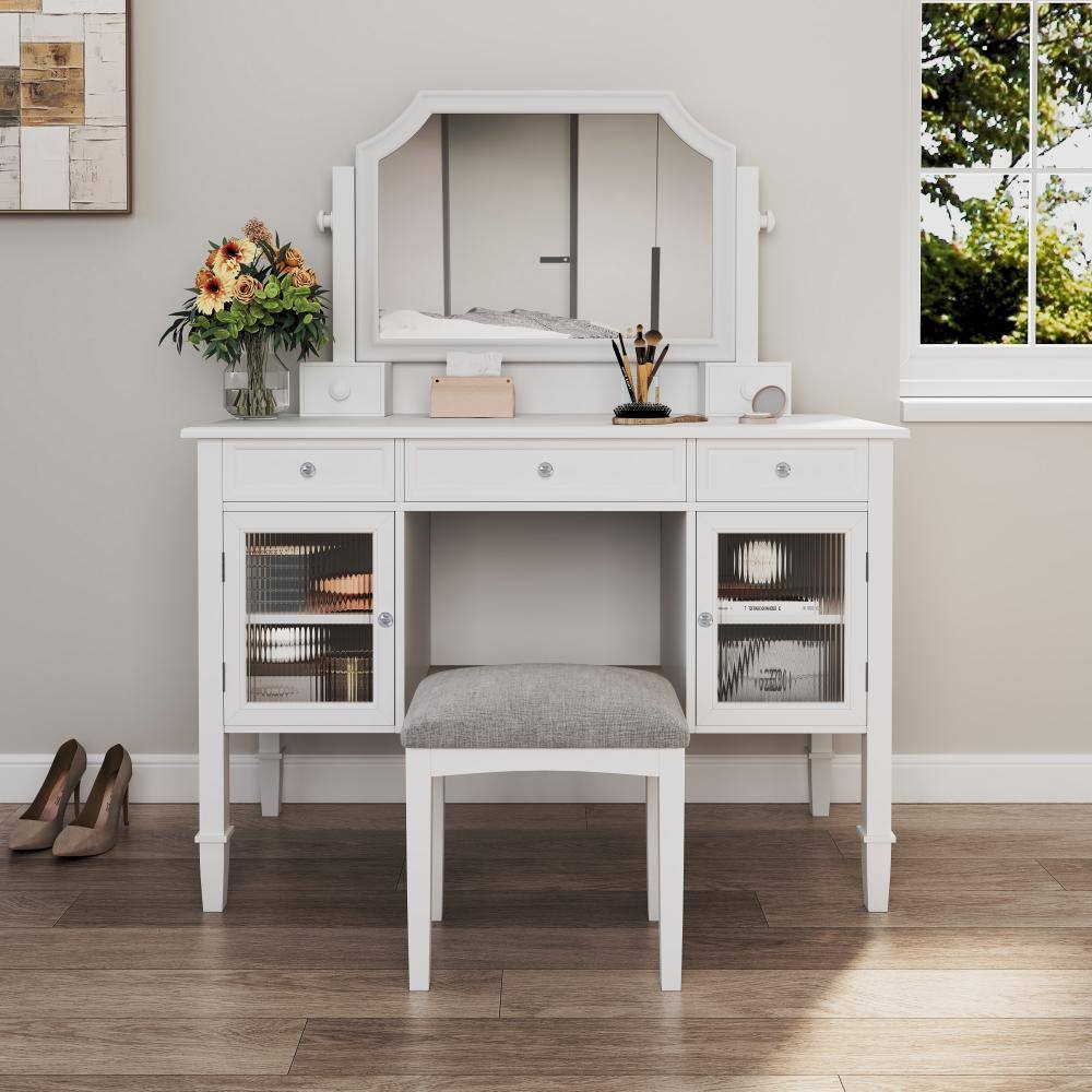 5-Drawers White Wood Makeup Vanity Set with Adjustable Mirror and Stool for Bedroom price history on PriceWatchPro