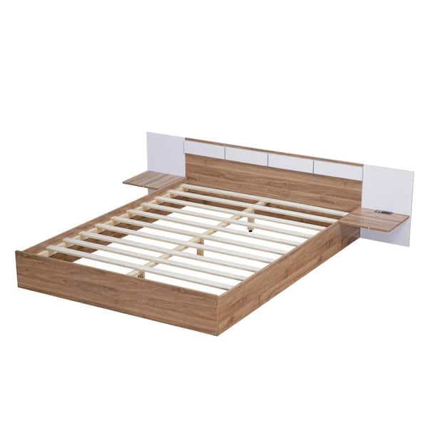 Polibi Brown Wood Frame Queen Size Platform Bed with Headboard, Shelves, USB Ports and Sockets