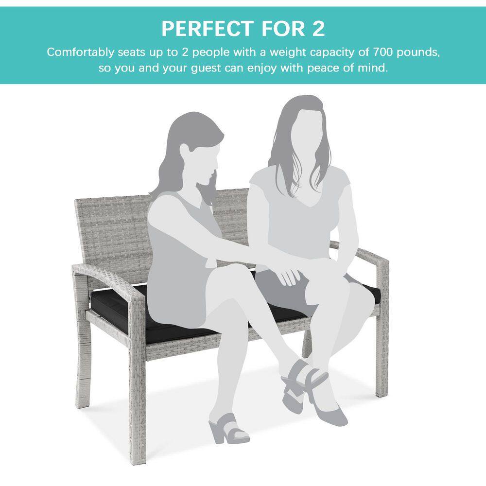 Gray and Black Wicker 2-Person Outdoor Bench with Cushion
