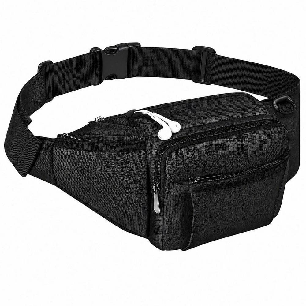 Multi-Pocket 6.3 in. Black Fanny Pack with Water Bottle Holder, Adjustable Strap for Hiking, Running, Cycling, Travel