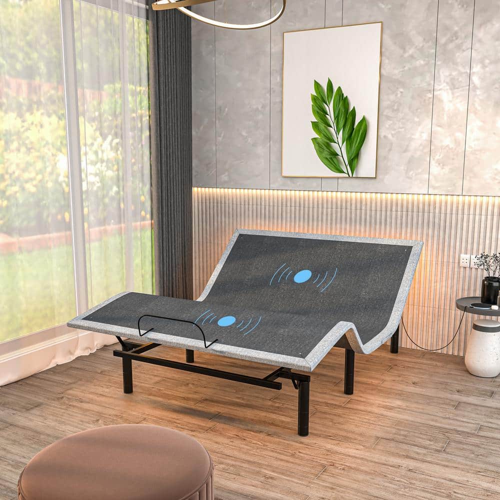 Gray Twin XL Adjustable Upholstered Metal Bed Frame with Massage
