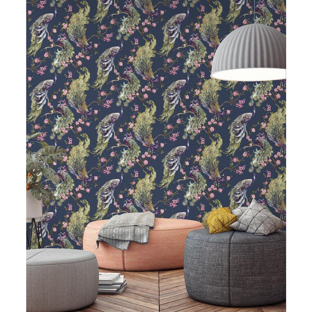 Navy Peacock and Floral Embossed Vinyl Wallpaper 396in x 20.8in
