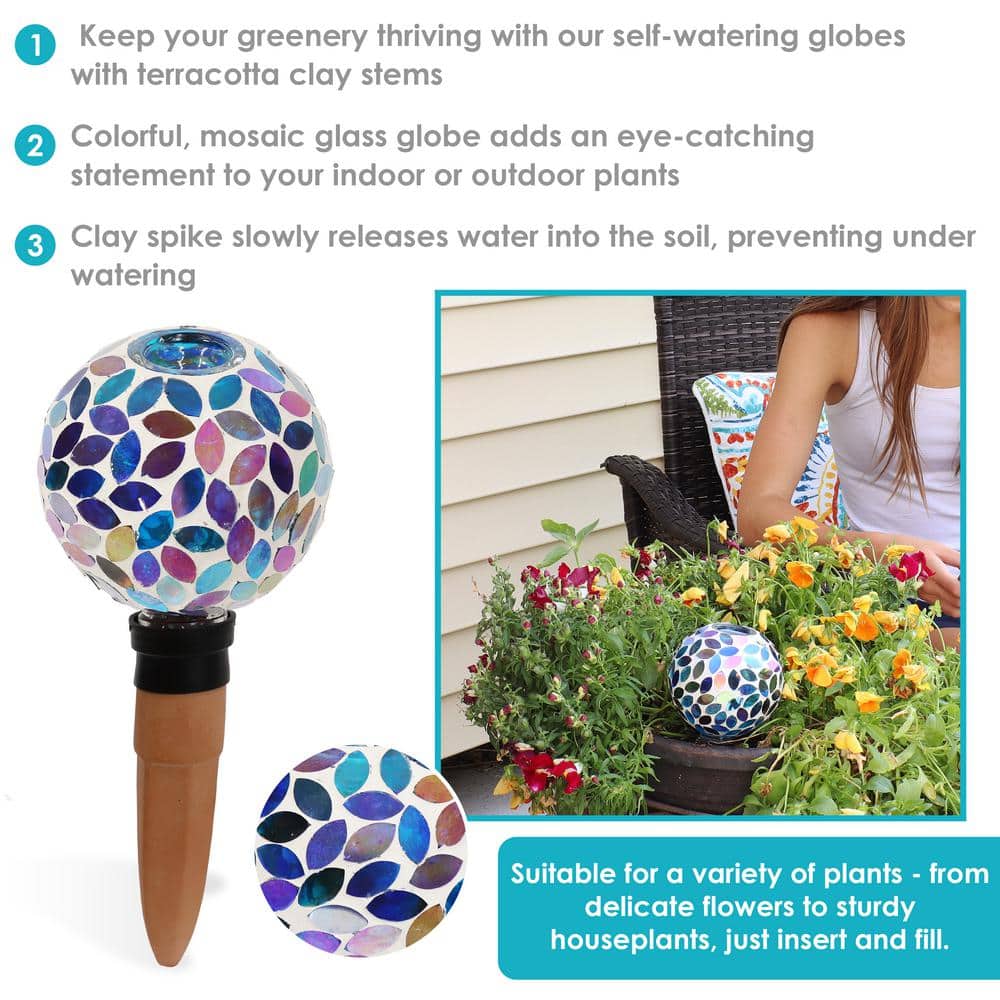 Colorful Mosaic Glass and Terracotta Self-Watering Globe for Plants