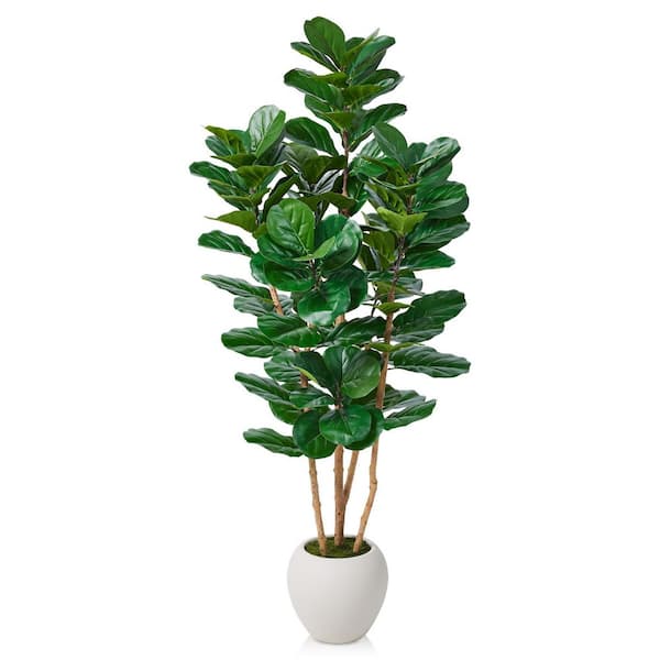Artificial 6 ft. Fiddle Leaf Fig Tree with White Planter with Natural Wood Trunk Faux Trees Indoor Outdoor Home Decor