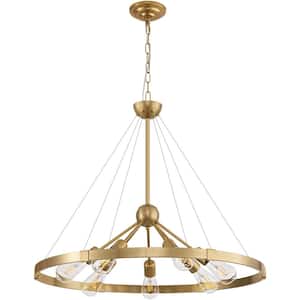 Farmhouse 7-Light Distressed Gold Wagon Wheel Chandelier Metal Circle Kitchen Island with No Bulbs Included