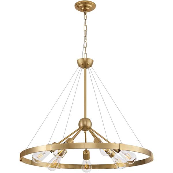 Deyidn Farmhouse 7-Light Distressed Gold Wagon Wheel Chandelier Metal Circle Kitchen Island with No Bulbs Included