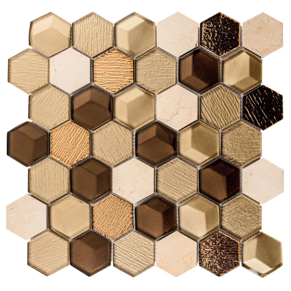 Xen Beez Tan/Brown/Gold 5 in. x 6.5 in. Hexagon Smooth Glass and Stone Mosa
