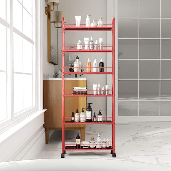 SANFANGIE 10 in. D 6-Shelf Red Metal Pantry Organizer, Spice Rack with Wheels, 6 Baskets