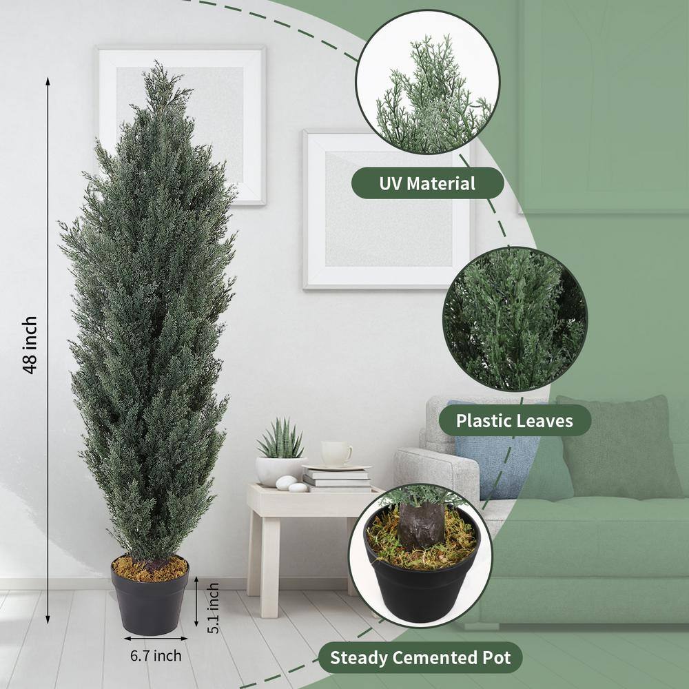 4ft Dark Green Cedar Topiary Trees in Black Cement Pots, Set of 2