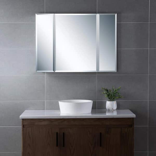 Cesicia 36 in. W x 26 in. H Rectangular Silver Aluminum Surface Mount 3 Doors Bathroom Medicine Cabinet with Mirror