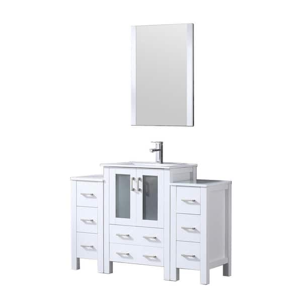 Volez 48 in W x 18.25 in D White Bath Vanity with Side Cabinets, Faucet Set, White Ceramic Top, & 22 in Mirror