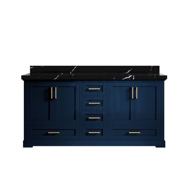 Willow Collections Boston 72 in. W x 22 in. D x 36 in. H Double Sink Bath Vanity in Navy Blue with 2 in. Calacatta Black Quartz Top