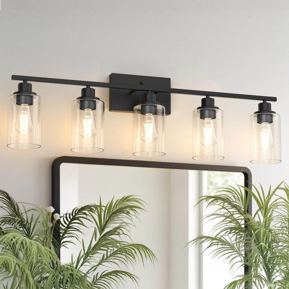 35.4 in. 5 Light Matte Black Vanity Light with Clear Cylinder Glass Shades for Industrial Bathroom Use price history on PriceWatchPro