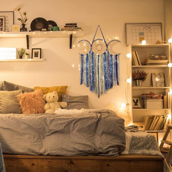 Blue 21.3 in x 35.4 in Cotton Moon Goddess Macrame Dreamcatcher