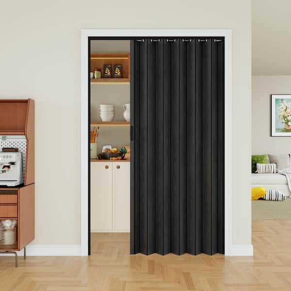 48 in. x 80 in. Black Woodgrain Vinyl PVC Accordion Door, Interior Folding Doors with Installation Hardware