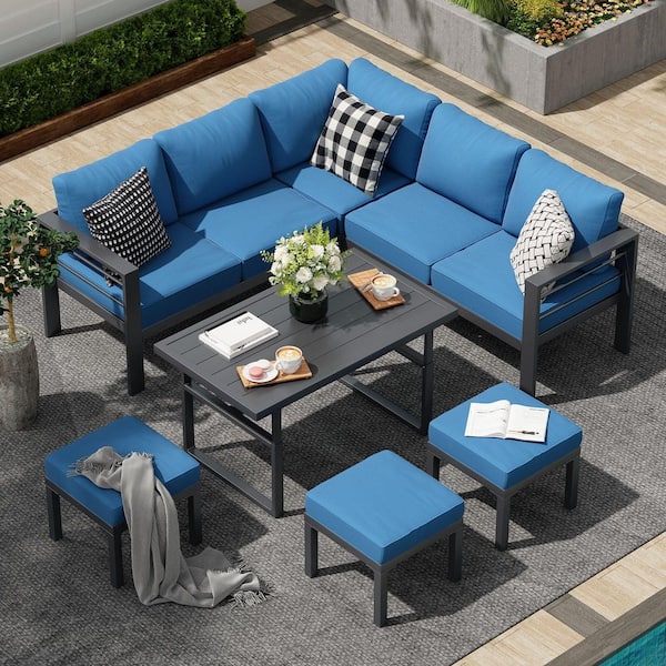 7 Pieces Aluminum Patio Furniture Set, Modern Metal Outdoor Patio Conversation Sets with Coffee Table in Blue